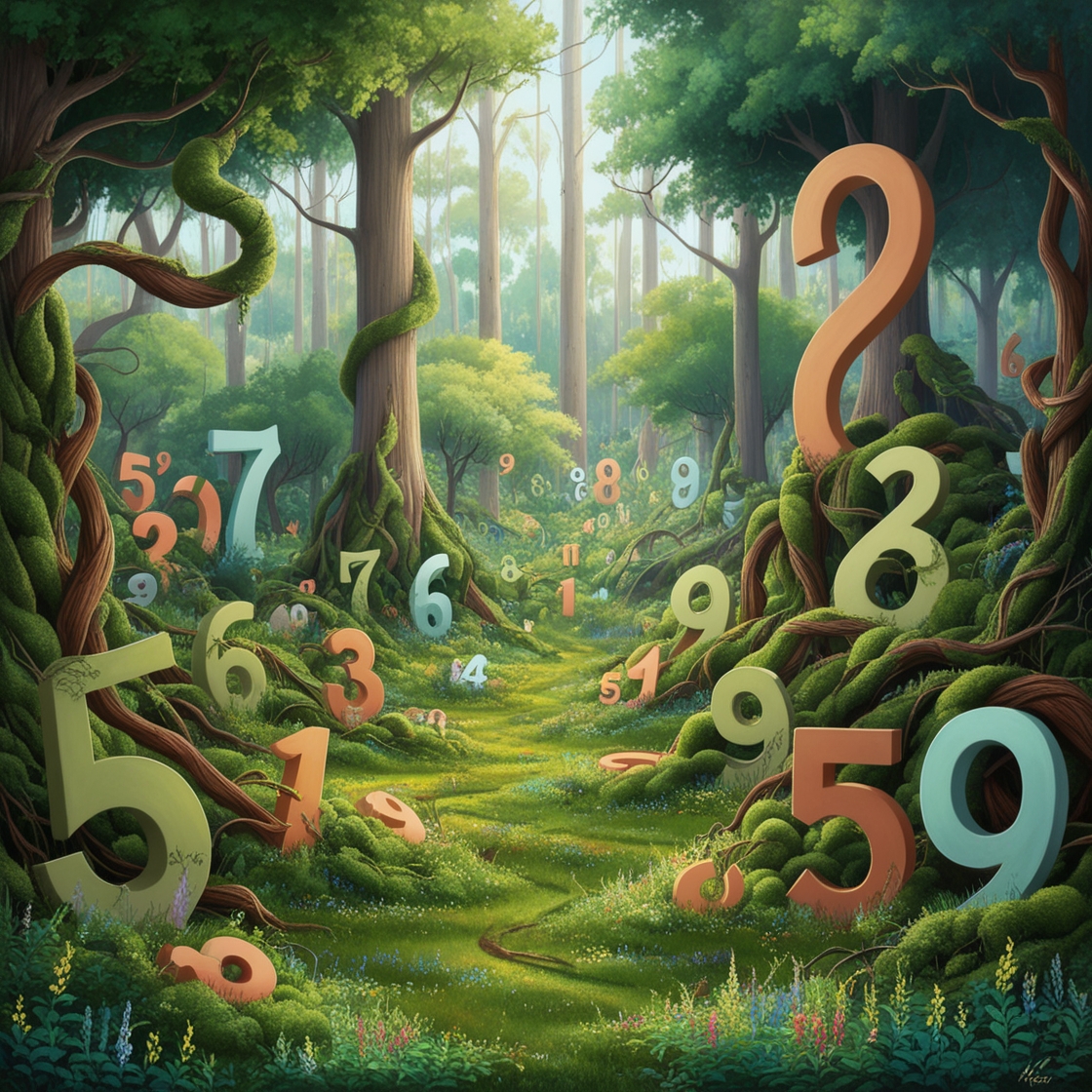Bosque místico con números integrados entre los árboles